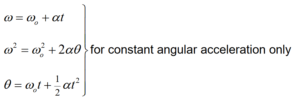 Rotational motion equations associated with a constant angular acceleration