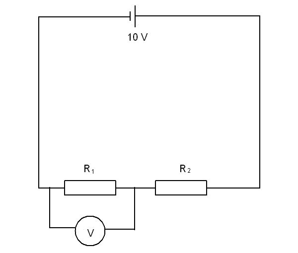 Series circuit with 2 resistors, a battery and a voltmeter across the first resistor