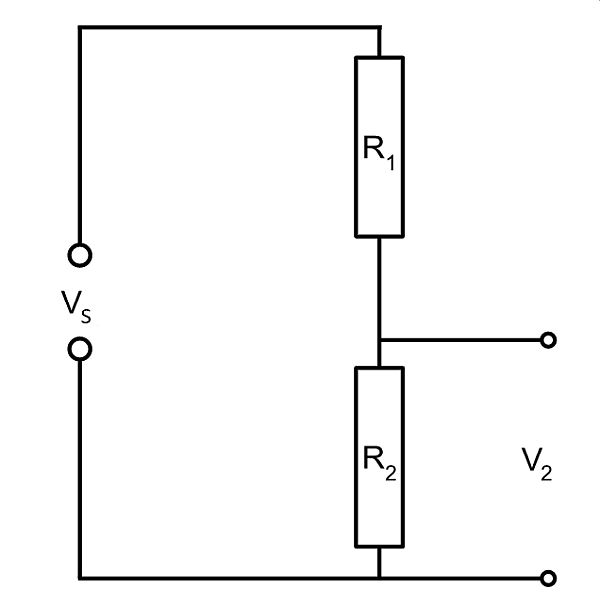 Circuit diagram showing two resistors in series as part of a potential divider circuit.